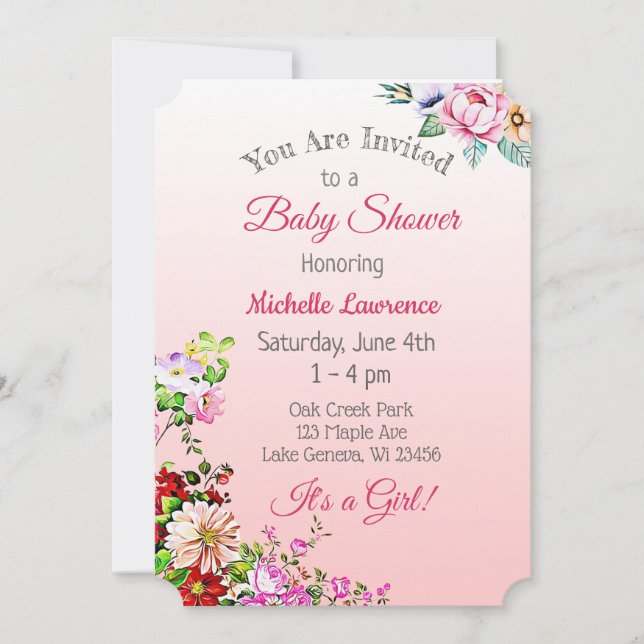 Pretty Floral Pink Girl's Baby Shower Invitation (Front)