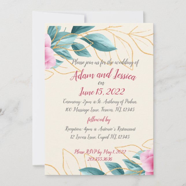 Pretty Floral Pink Gold Wedding  Invitation (Front)
