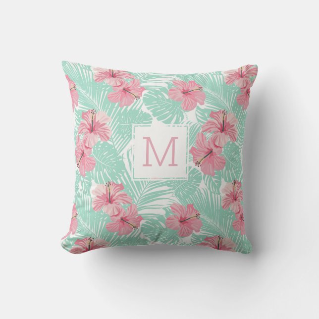 Pretty Floral Pink Hibiscus Tropical Monogram Outdoor Pillow (Front)