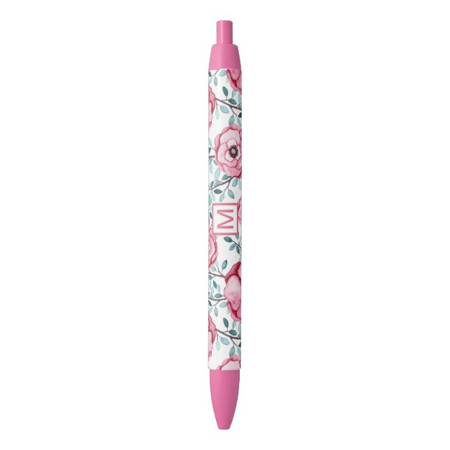 Pretty Floral Pink Monogram Pen (Front Vertical)