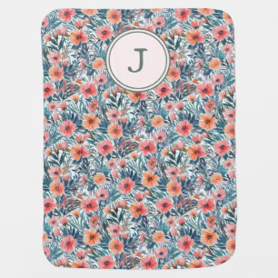 Pretty Floral Pink Peach Patterned Monogrammed Baby Blanket