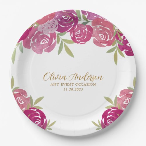 Pretty Floral Pink  Purple Watercolor Roses  Paper Plates