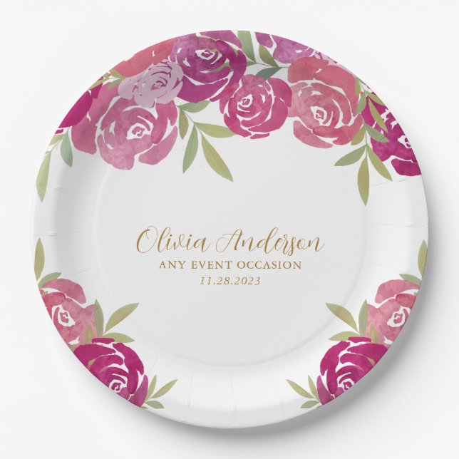 Pretty Floral Pink & Purple Watercolor Roses  Paper Plates (Front)