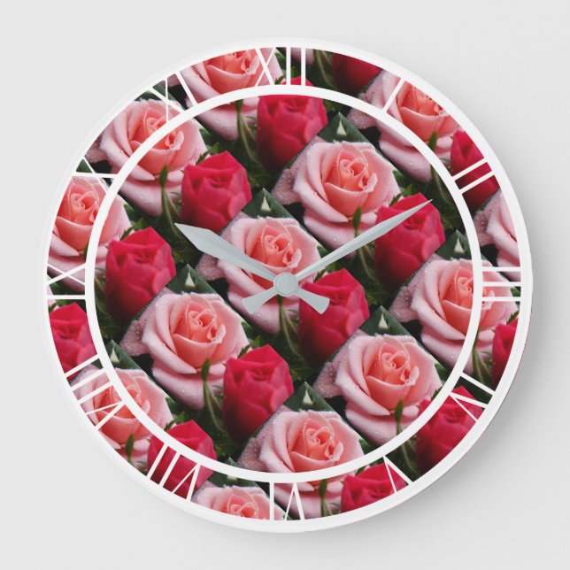 Pretty Floral Pink Red Roses Pattern Large Wall Large Clock (Front)