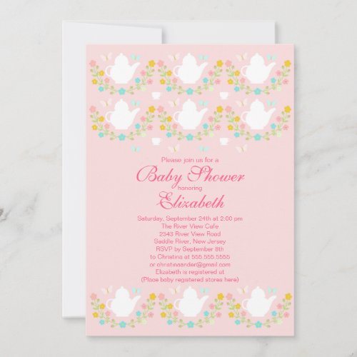 Pretty Floral Pink Teapot Tea Party Baby Shower Invitation