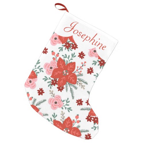 Pretty Floral Poinsettia Girls Christmas Holiday Small Christmas Stocking