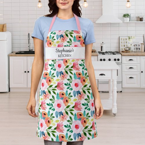 Pretty Floral Print Custom Text Name Personalized Apron
