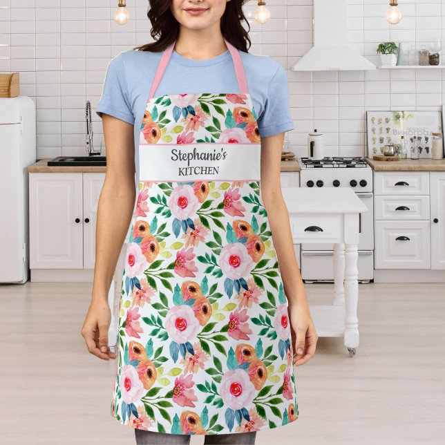 Pretty Floral Print Custom Text Name Personalized Apron (Creator Uploaded)