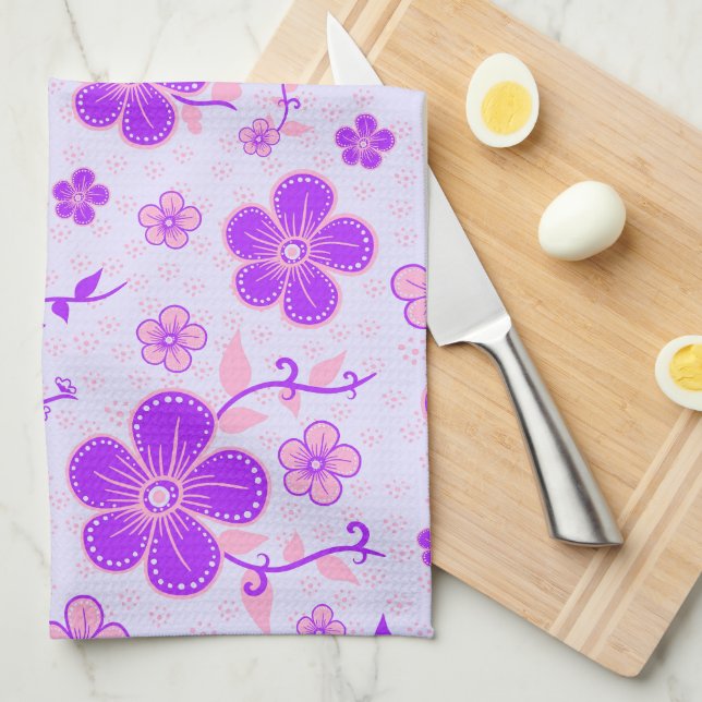Pretty Floral Print Purple and Pink on Lavender Kitchen Towel (Quarter Fold)