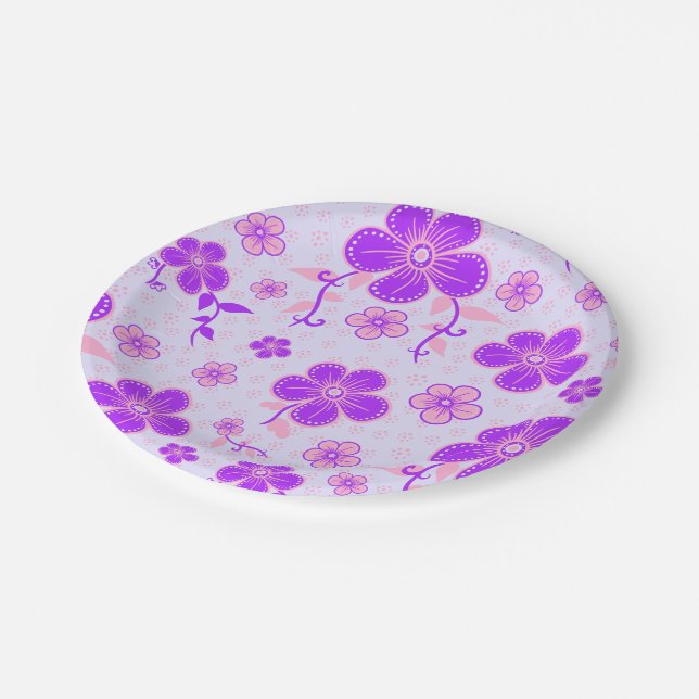 Pretty Floral Print Purple and Pink on Lavender Paper Plates (Angled)