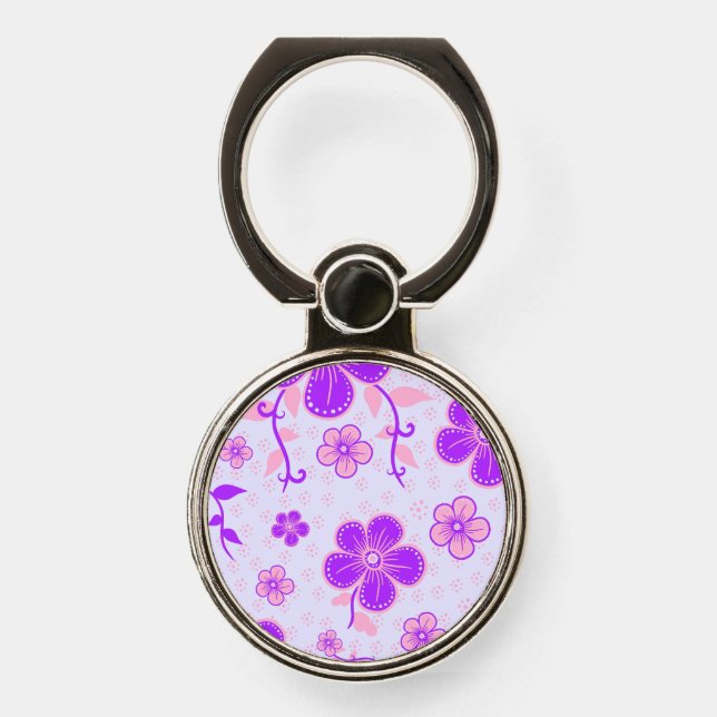 Pretty Floral Print Purple and Pink on Lavender Phone Ring Stand (Front)