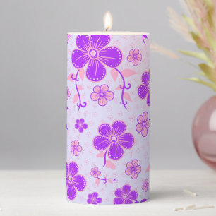 Pretty Floral Print Purple and Pink on Lavender Pillar Candle