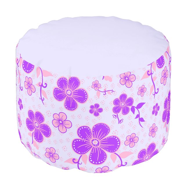 Pretty Floral Print Purple and Pink on Lavender Pouf (Angled Front)