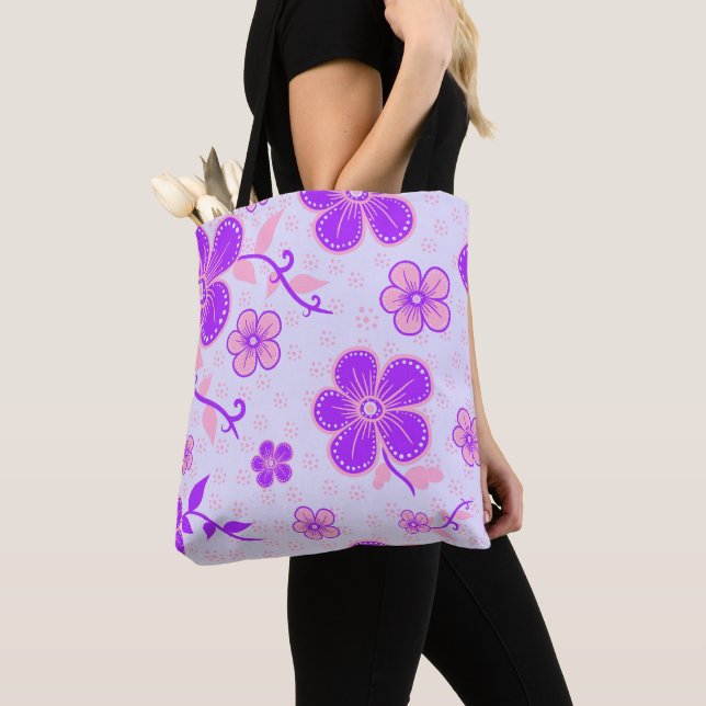 Pretty Floral Print Purple and Pink on Lavender Tote Bag (Close Up)