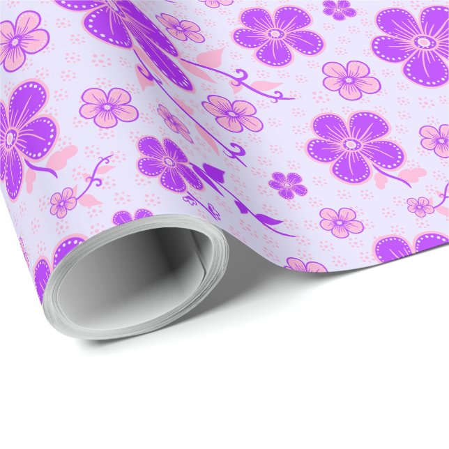 Pretty Floral Print Purple and Pink on Lavender Wrapping Paper (Roll Corner)