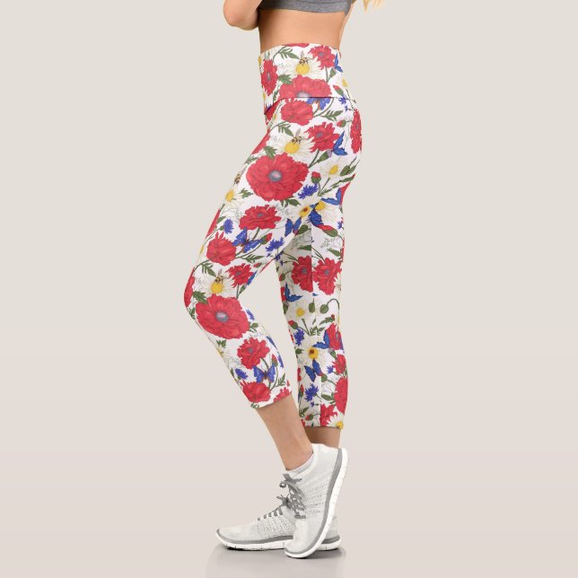 Pretty Floral Print Red Poppies Blue Wildflowers Capri Leggings (Left)