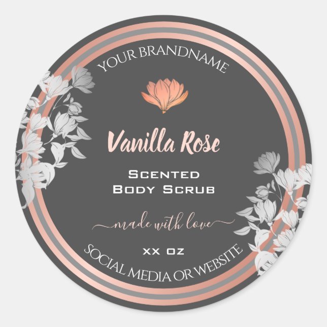 Pretty Floral Product Labels Gray and Rose Gold (Front)
