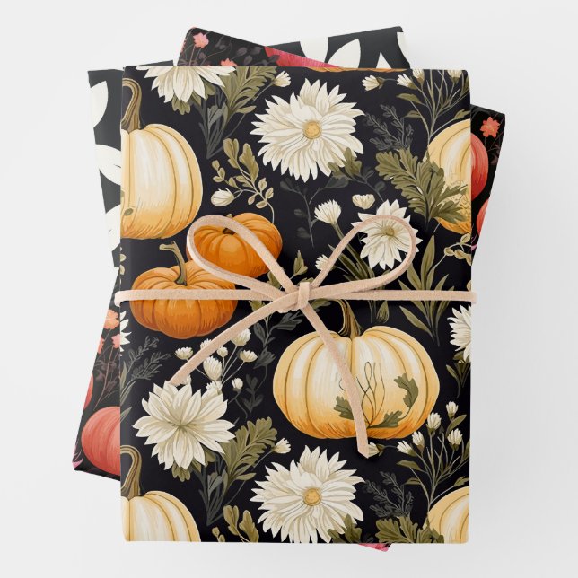 Pretty Floral Pumpkin Pattern Wrapping Paper Sheets (In situ)