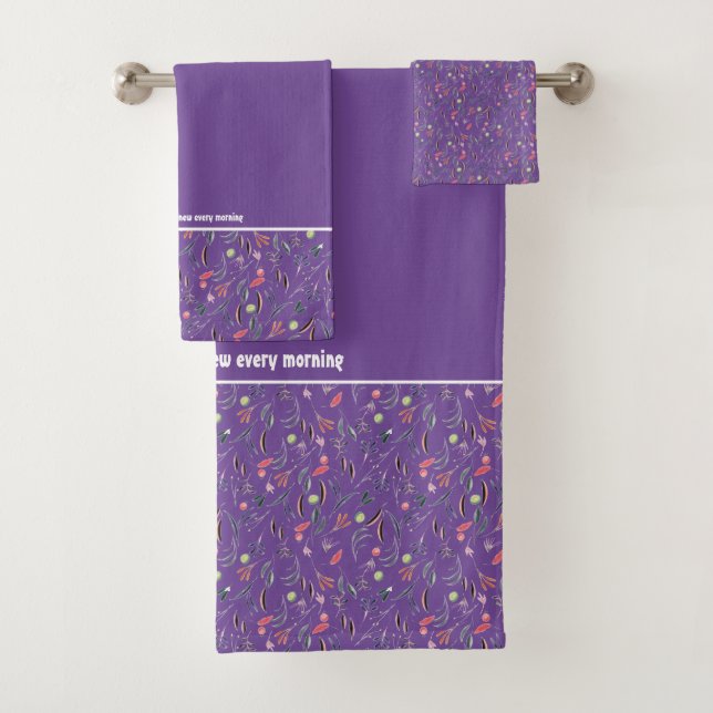 Pretty Floral PURPLE Customizable Scripture Bath Towel Set (Insitu)