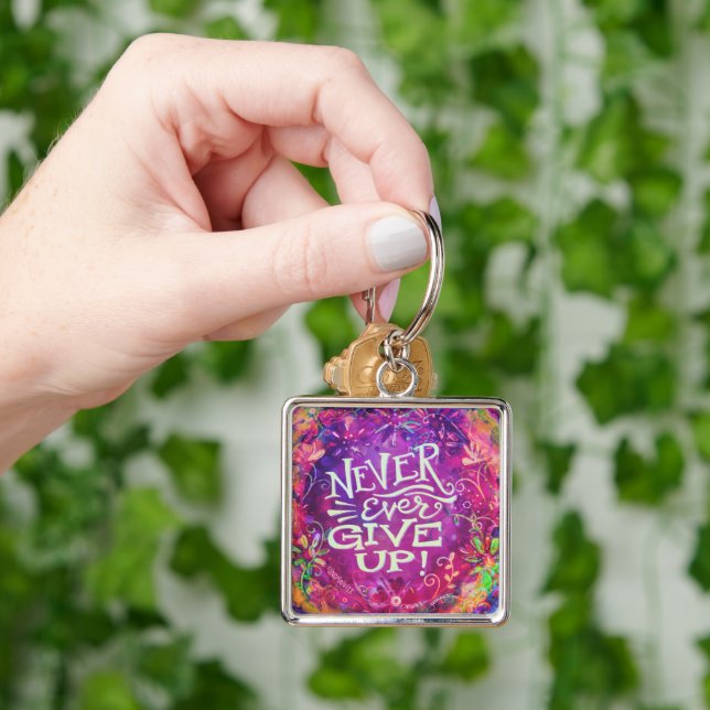 Pretty Floral Purple Never Give Up Inspirivity Keychain (Hand)