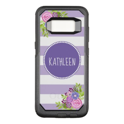 Pretty Floral Purple White Striped Monogram Name OtterBox Commuter Samsung Galaxy S8 Case
