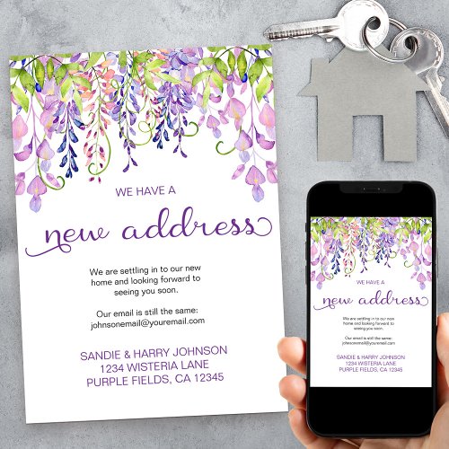 Pretty Floral Purple Wisteria New Address Moving Announcement