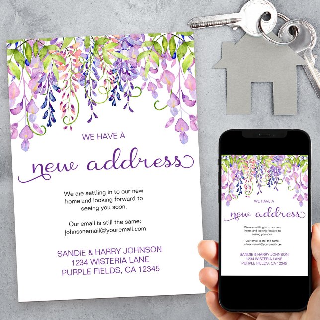 Pretty Floral Purple Wisteria New Address Moving Announcement (Creator Uploaded)