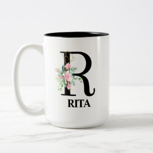 Pretty Floral R monogrammed alphabet Two-Tone Coffee Mug