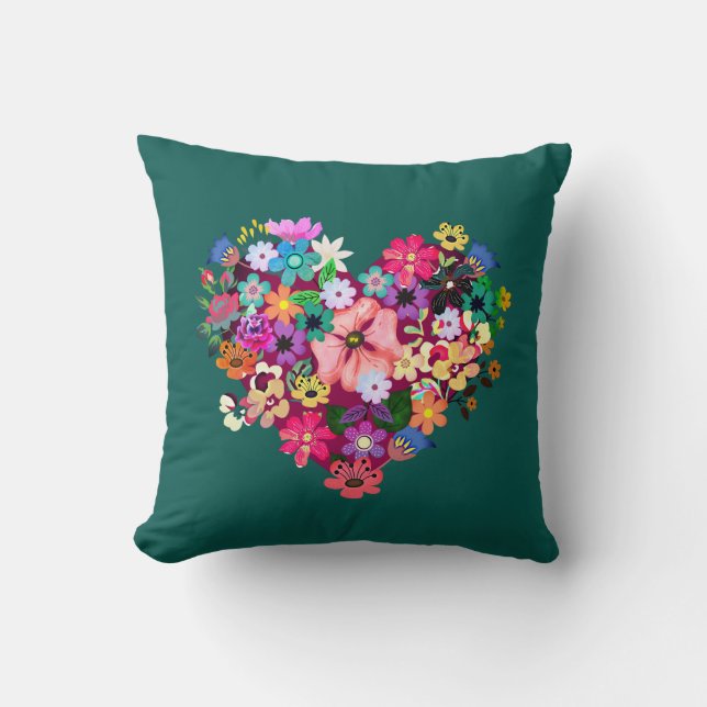 Pretty Floral Red Love Heart Flowers Cute Green Throw Pillow (Front)