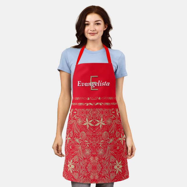 Pretty | Floral Red | Monogram Personalized Apron (Worn)