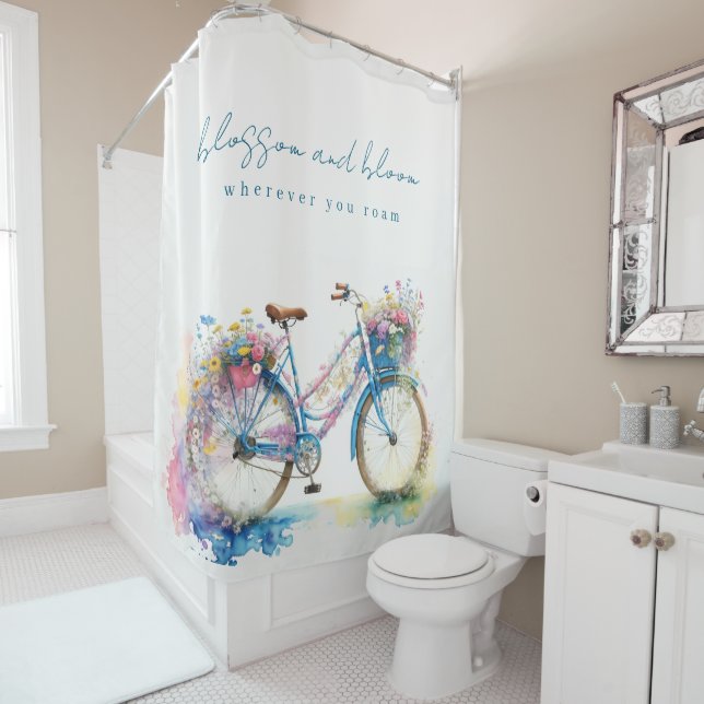 Pretty Floral Retro Bicycle - Blossom and Bloom Shower Curtain (In Situ)