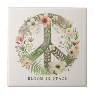 Pretty Floral Retro "Bloom in Peace" Peace Sign Ceramic Tile