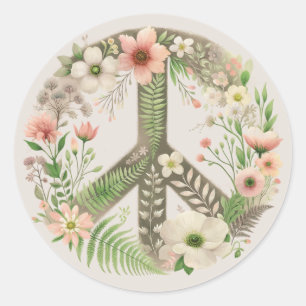 Pretty Floral Retro "Bloom in Peace" Peace Sign Classic Round Sticker