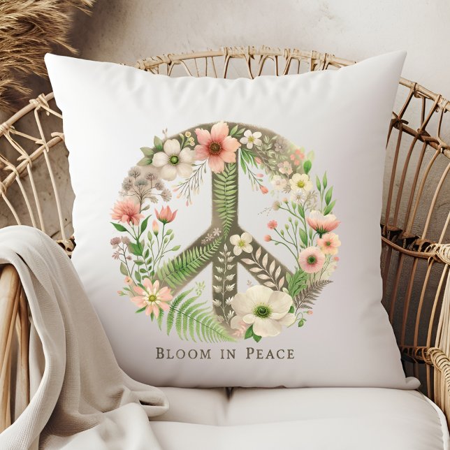 Pretty Floral Retro "Bloom in Peace" Peace Sign Throw Pillow (Creator Uploaded)
