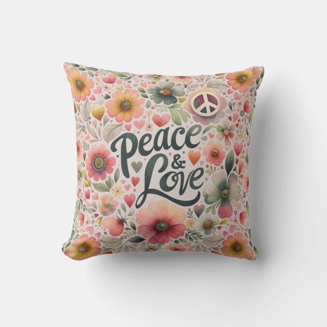 Pretty Floral Retro Peace & Love Throw Pillow (Front)