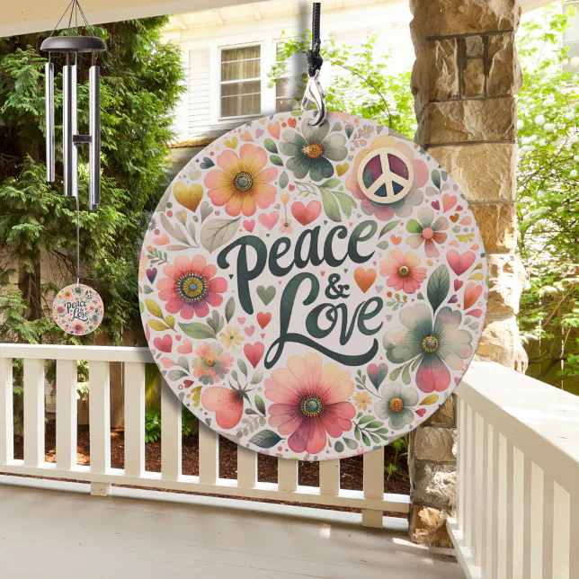 Pretty Floral Retro Peace & Love Wind Chime
