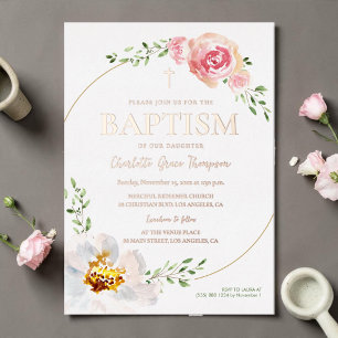 Pretty Floral Rose Gold Cross Baptism Photo Foil Invitation