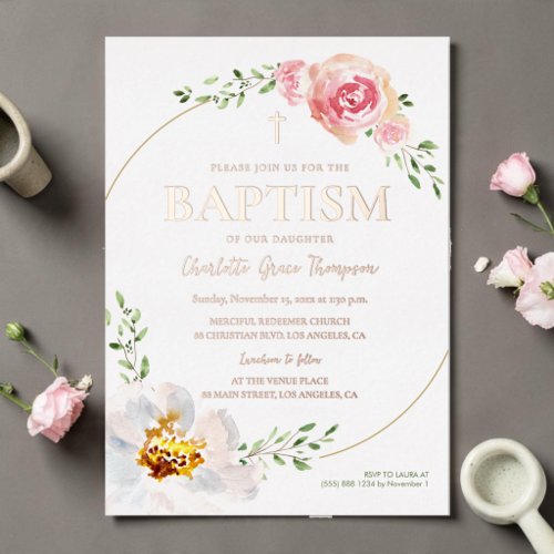 Pretty Floral Rose Gold Cross Baptism Photo Foil Invitation