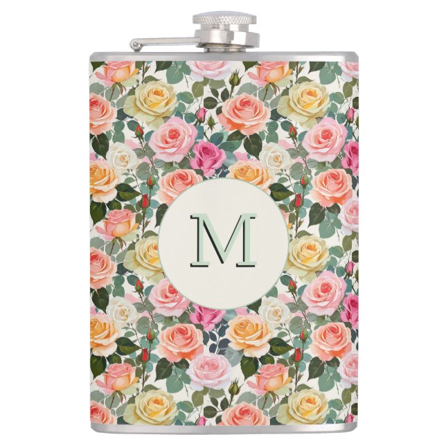Pretty Floral Roses Botanical Flowers Monogrammed Flask (Front)