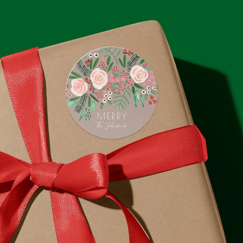 Pretty Floral Roses Christmas Holiday Classic Round Sticker