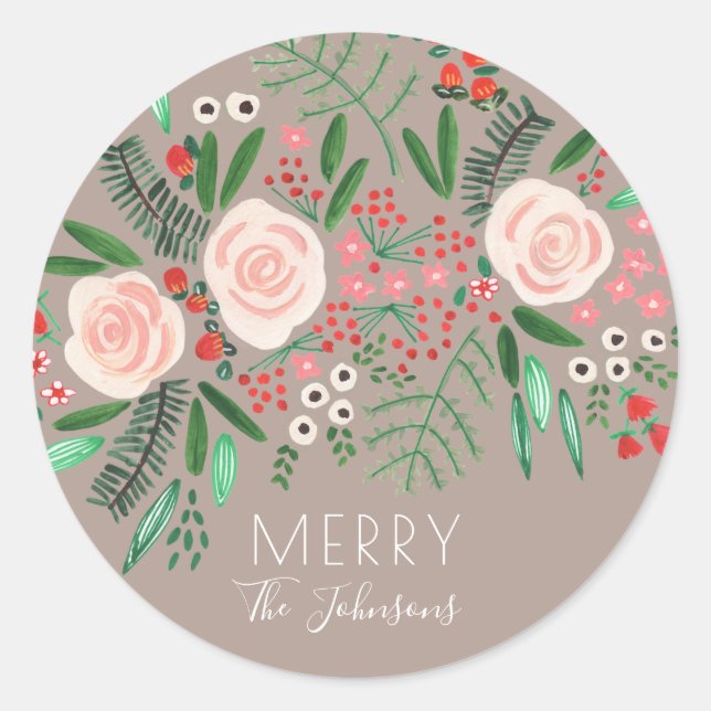 Pretty Floral Roses Christmas Holiday Classic Round Sticker (Front)