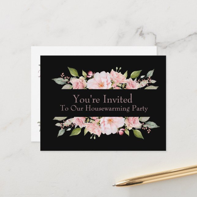 Pretty Floral Roses Housewarming Invitation Postcard (Front/Back In Situ)