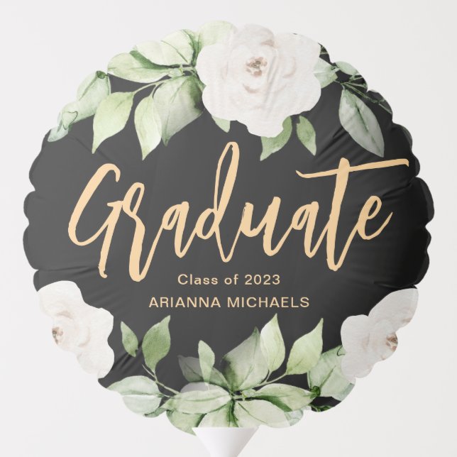 Pretty Floral Script with Name 2023 Black Balloon (Back)