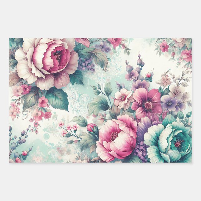 Pretty Floral Shabby Chic Birthday  Wrapping Paper Sheets (Front)