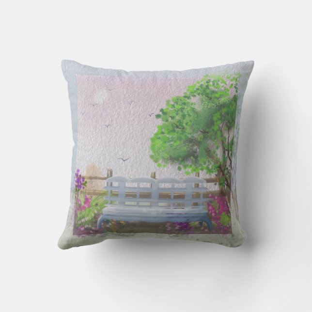 Pretty Floral Sitting Scenery By The Sea Throw Pillow (Back)