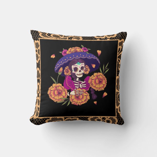 Pretty Floral Skeleton Skull & Orange Lace Gothic Throw Pillow (Front)