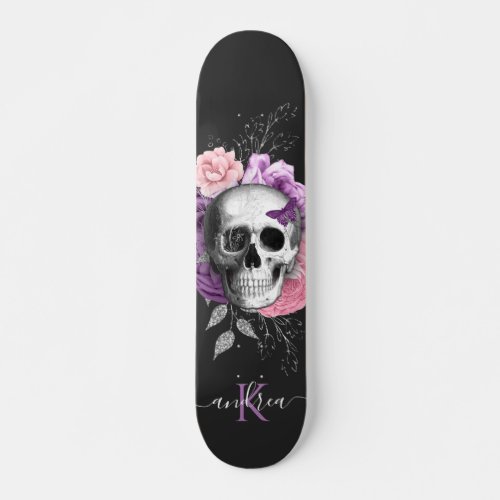 Pretty Floral Skull Botanical Leaves Name Monogram Skateboard