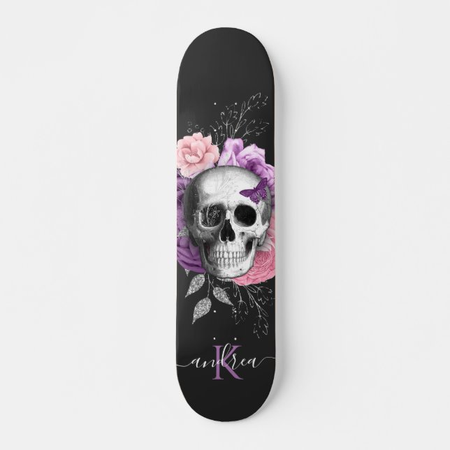 Pretty Floral Skull Botanical Leaves Name Monogram Skateboard (Front)