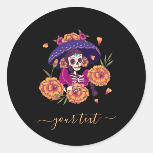 Pretty Floral Skull Skeleton Elegant Name Festive Classic Round Sticker