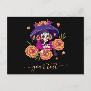 Pretty Floral Skull Skeleton &Elegant Name Festive Holiday Postcard